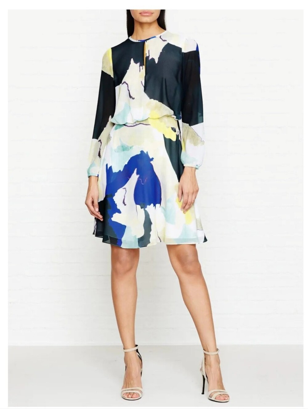 NWT~ REISS Neave Watercolour Print Keyhole Neckline Bishop Sleeves Mini Dress